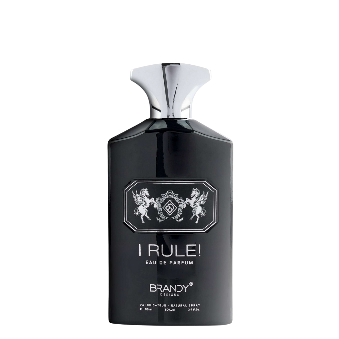 Black perfume bottle with silver cap labeled 'I Rule! Eau de Parfum' on a white background. I Rule by Brandy Designs Mens Perfume