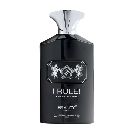 Black perfume bottle with silver cap labeled 'I Rule! Eau de Parfum' on a white background. I Rule by Brandy Designs Mens Perfume