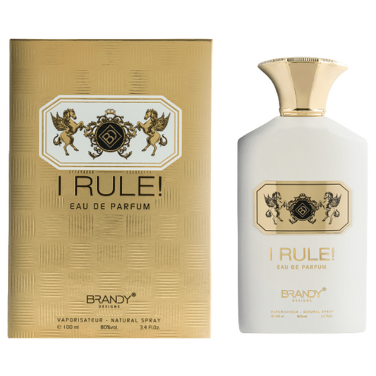 I Rule! Eau de Parfum bottle and packaging on a white background. I Rule by Brandy Designs Womens Perfume