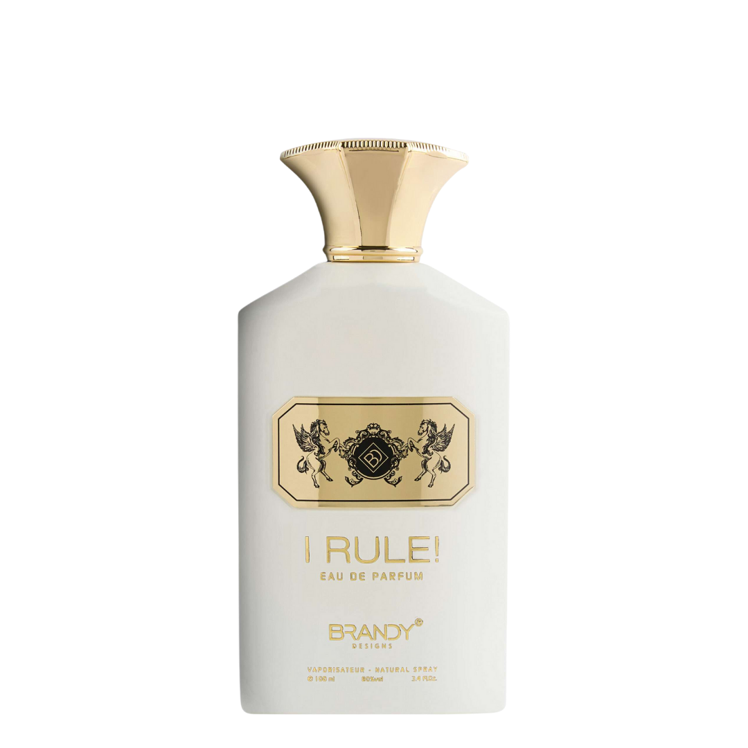 Perfume bottle labeled 'I Rule!' with gold accents on a white background. I Rule by Brandy Designs Womens Perfume