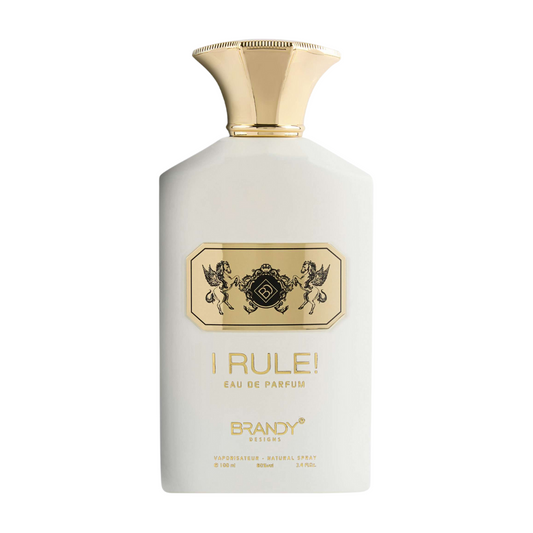 Perfume bottle labeled 'I Rule!' with gold accents on a white background. I Rule by Brandy Designs Womens Perfume