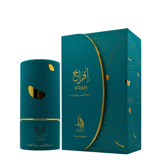 Teal perfume bottle and packaging with 'IFRAH' branding on a white background