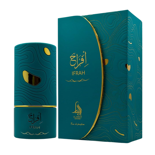 Teal perfume bottle and packaging with 'IFRAH' branding on a white background