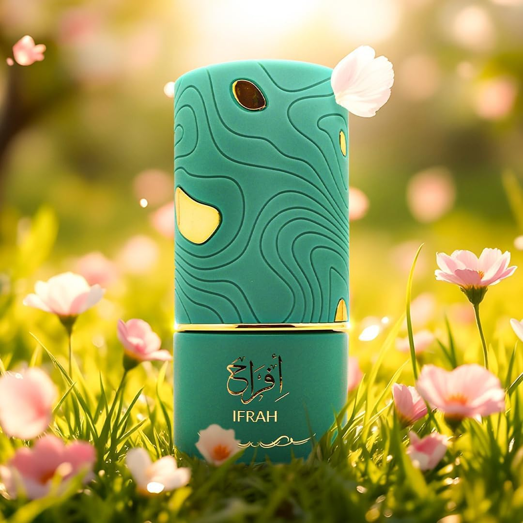 Teal perfume bottle with gold accents on a grassy background with flowers