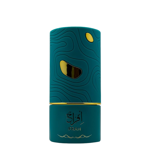 Teal perfume bottle with gold accents on a white background. Ifrah by Al Absar Womens Perfume