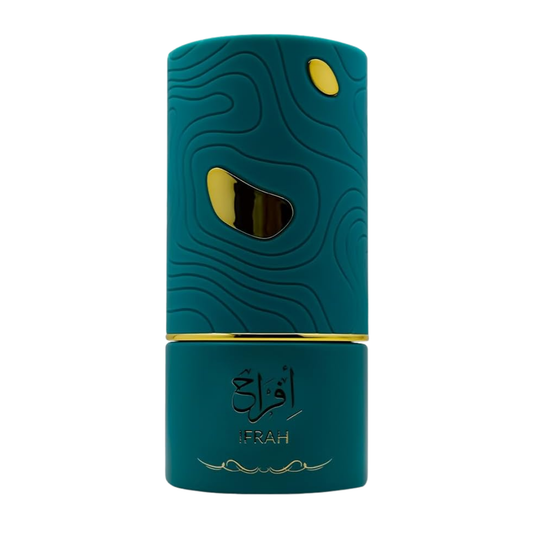Teal perfume bottle with gold accents on a white background. Ifrah by Al Absar Womens Perfume