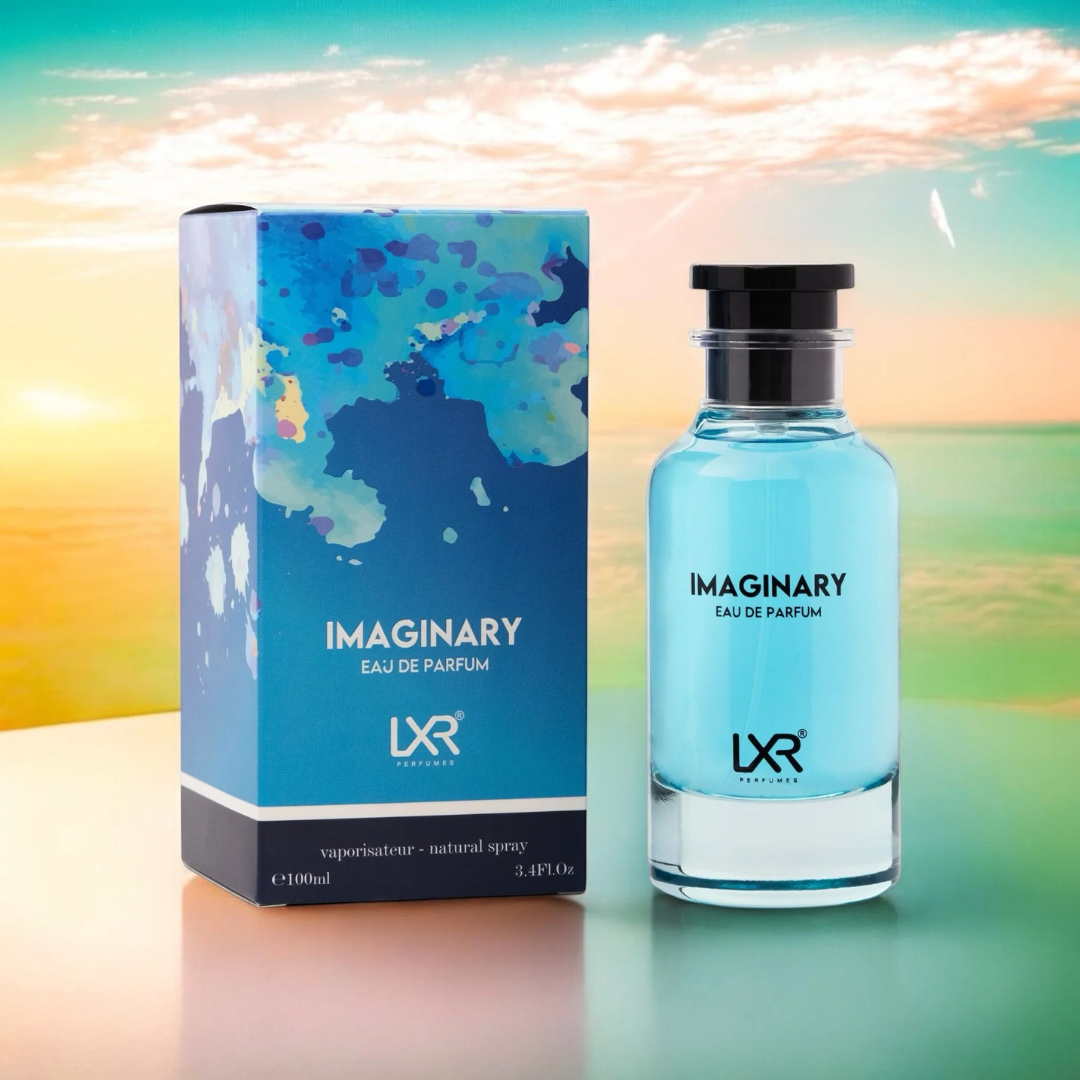 LXR Imaginary Eau de Parfum bottle and packaging against a colorful gradient background