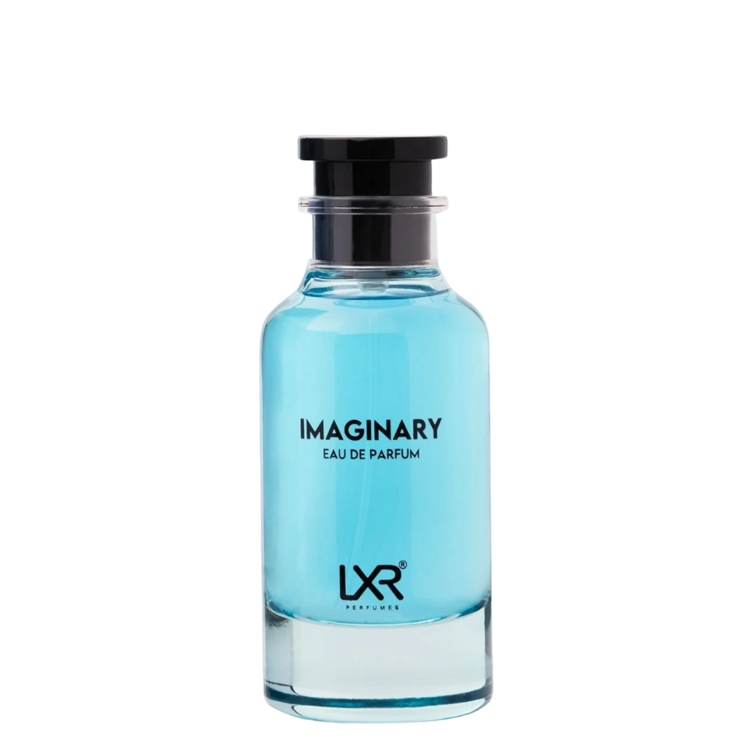 Blue perfume bottle labeled 'Imaginary Eau de Parfum' by LXR on a white background
