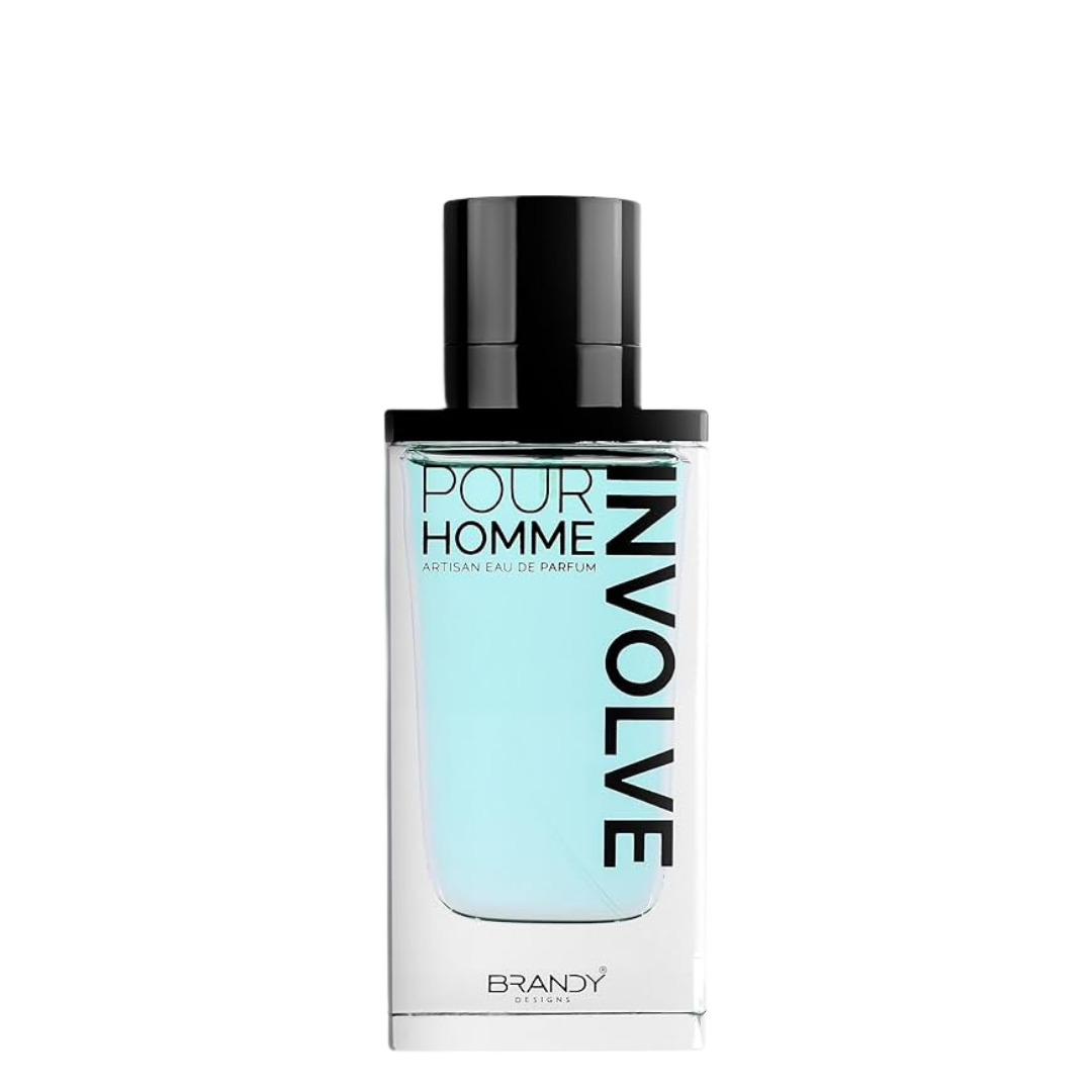 Perfume bottle labeled 'Pour Homme Involve' by Brandy on a white background. Involve by Brandy Designs Mens Perfume