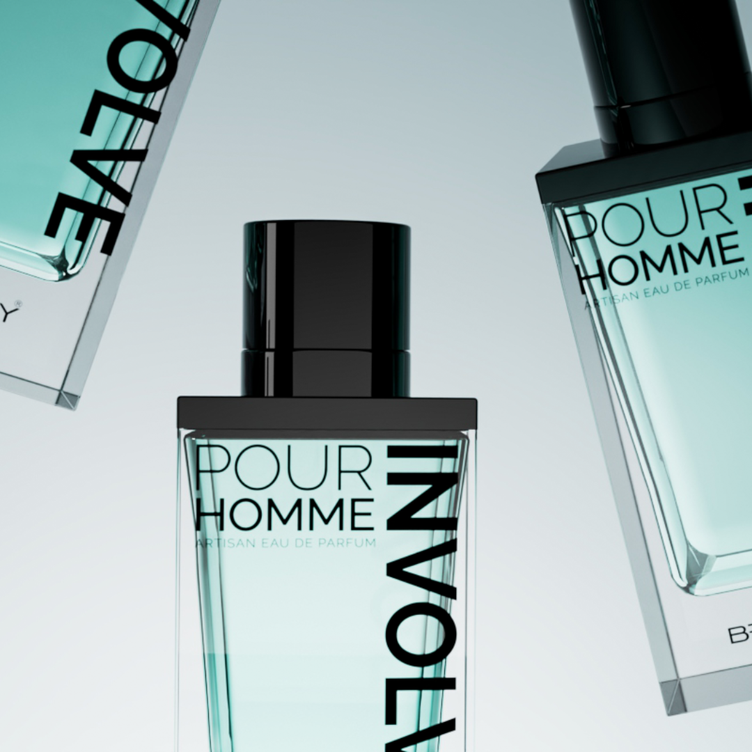 Perfume bottle labeled 'Pour Homme Involve' on a light gray background. Involve by Brandy Designs Mens Perfume