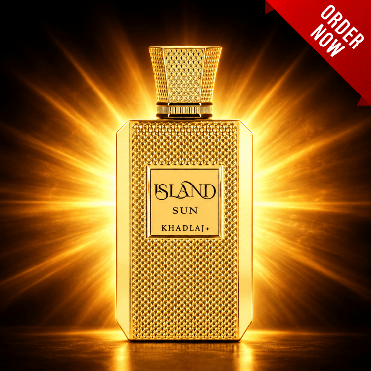 A gold perfume bottle labeled 'ISLAND SUN KHADLAJ' centered against a dramatic black background with bright golden light rays. A red corner banner reads 'ORDER NOW'.