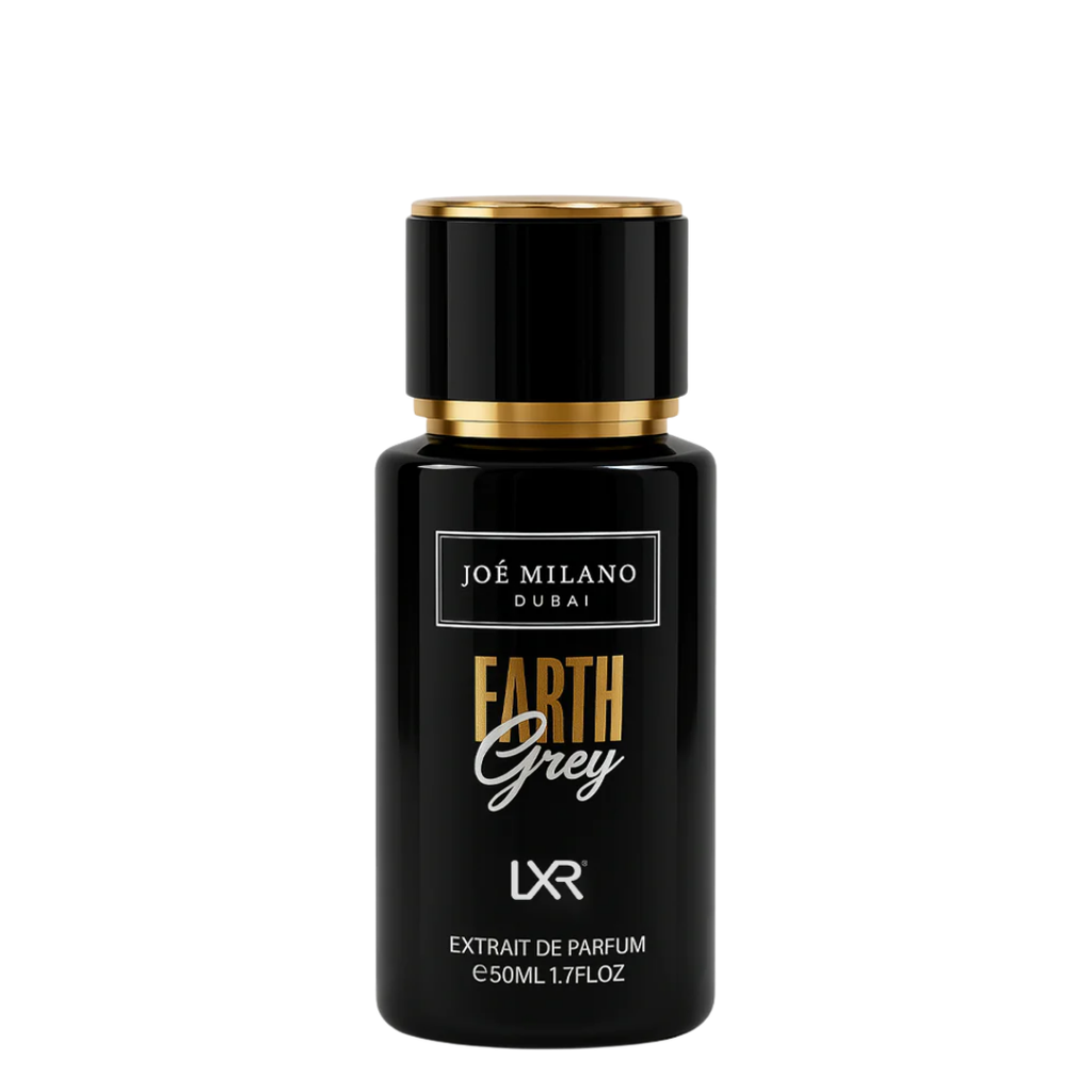 Black and gold Joé Milano Dubai Earth Grey perfume bottle on a white background