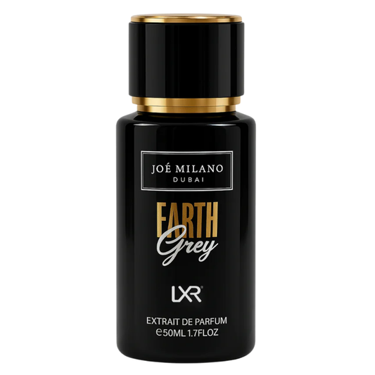 Black and gold Joé Milano Dubai Earth Grey perfume bottle on a white background