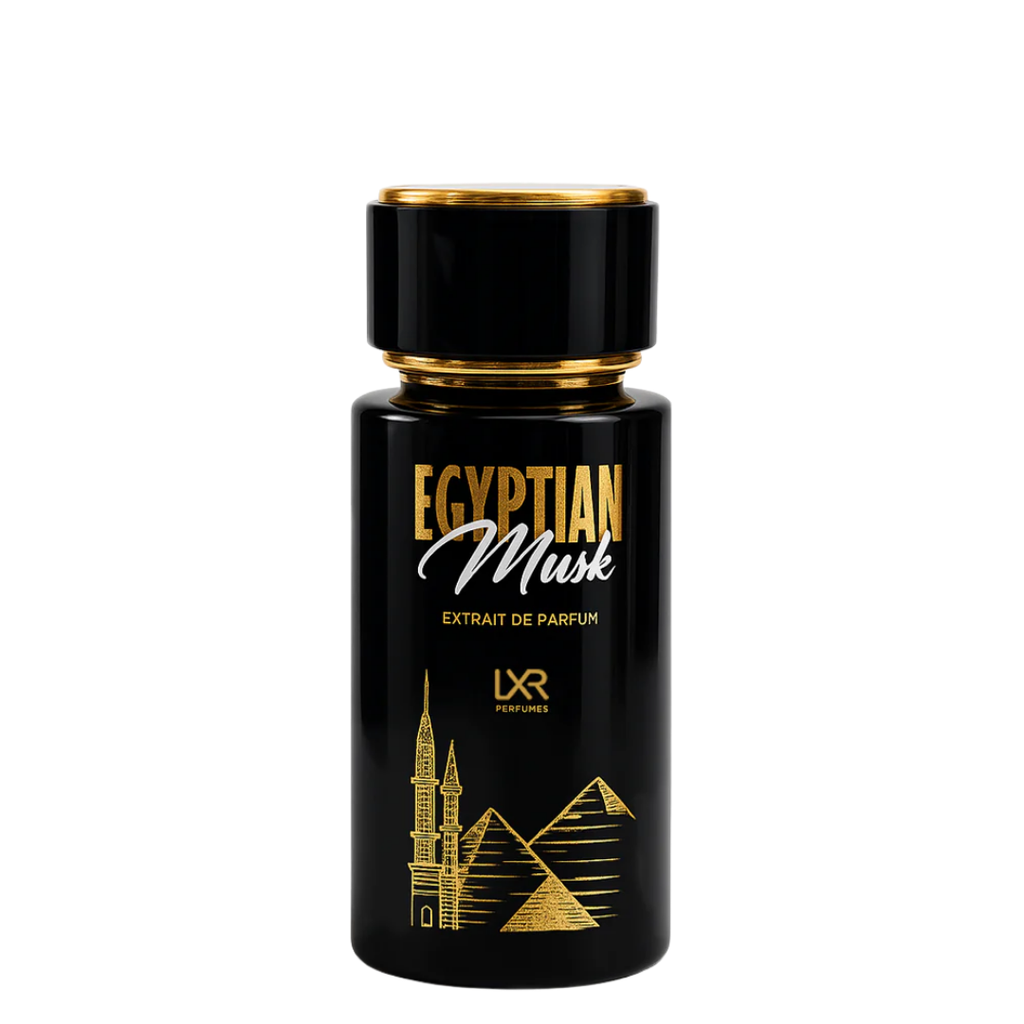 Black and gold Egyptian Musk perfume bottle and packaging on a white background