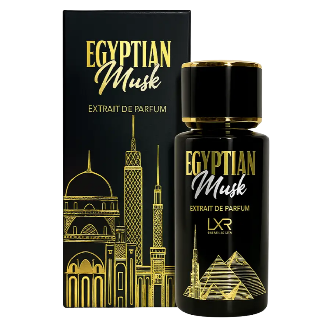 Black and gold Egyptian Musk perfume bottle and packaging on a white background