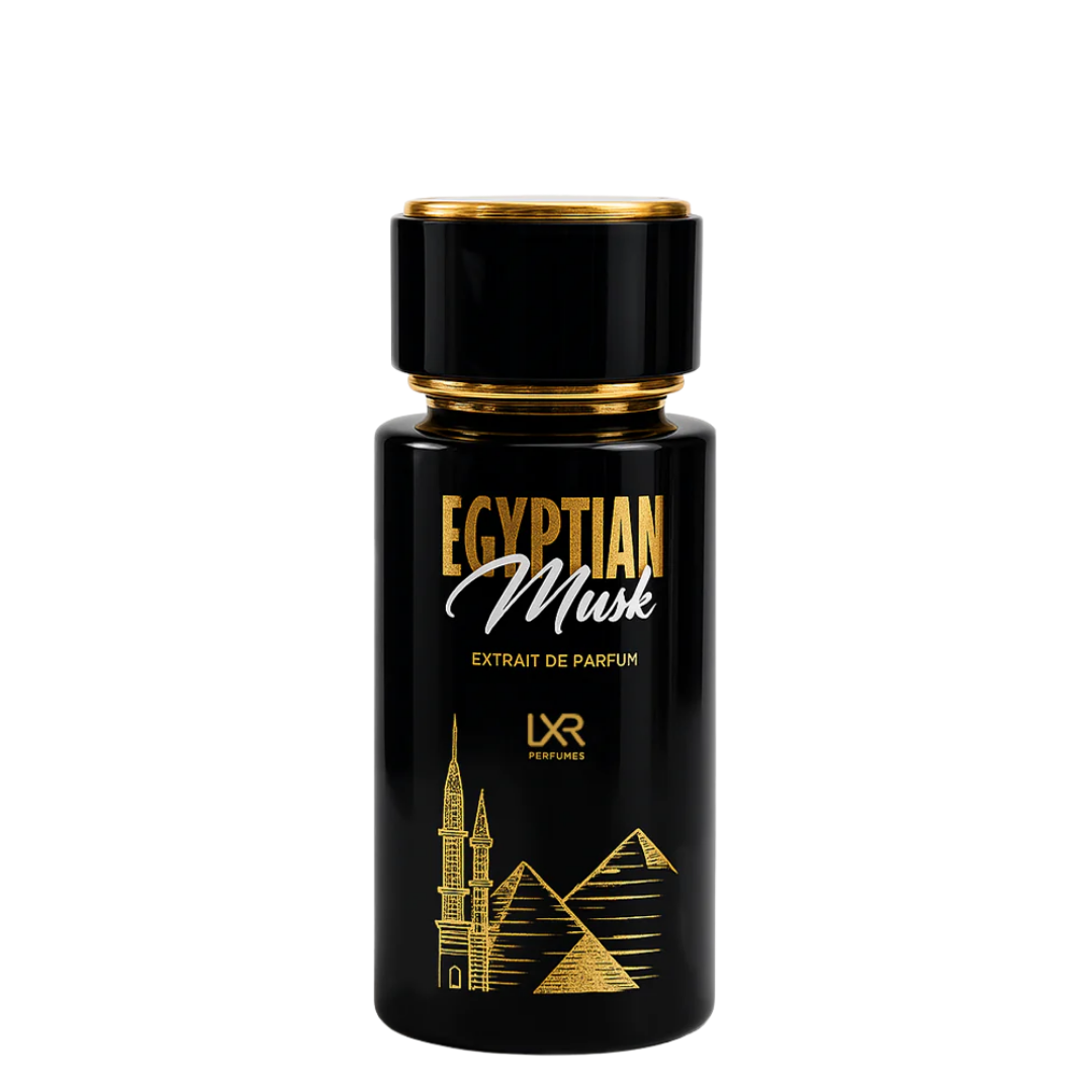 Black and gold Egyptian Musk perfume bottle and packaging on a white background
