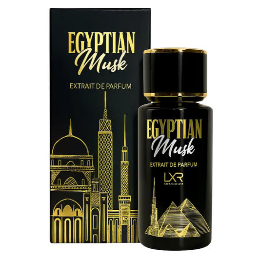 Black and gold Egyptian Musk perfume bottle and packaging on a white background