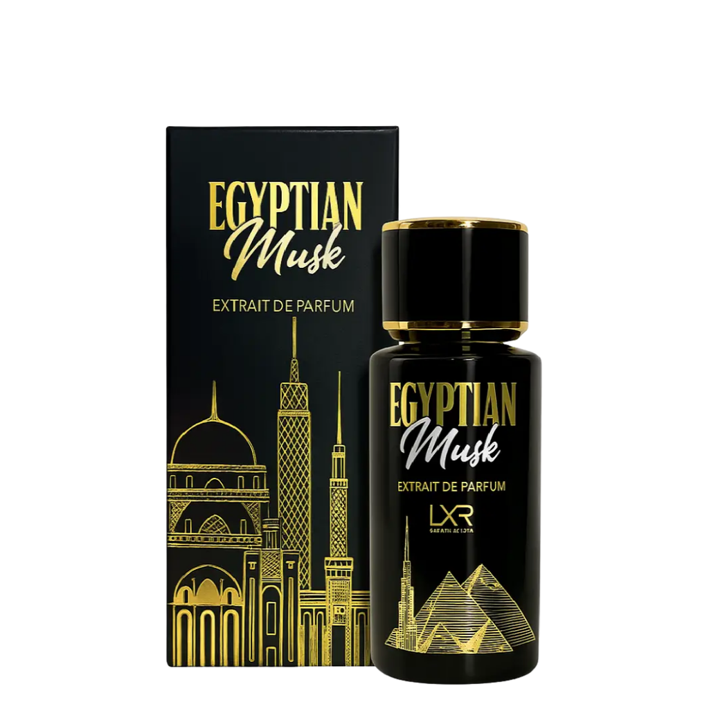 Black and gold perfume bottle labeled 'Egyptian Musk' by LXR Perfumes on a white background