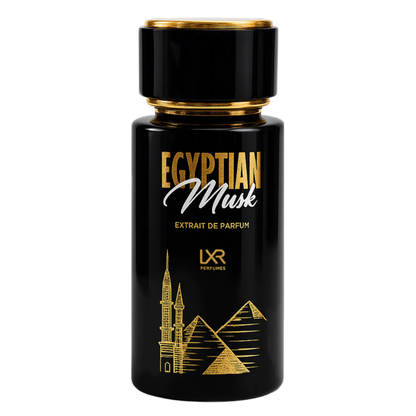 Black and gold perfume bottle labeled 'Egyptian Musk' by LXR Perfumes on a white background