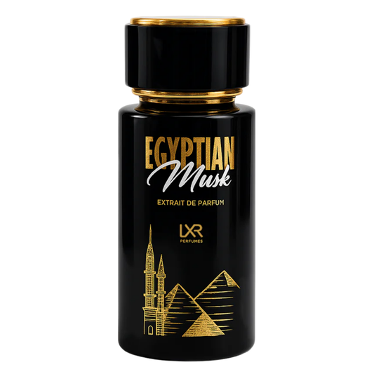 Black and gold perfume bottle labeled 'Egyptian Musk' by LXR Perfumes on a white background