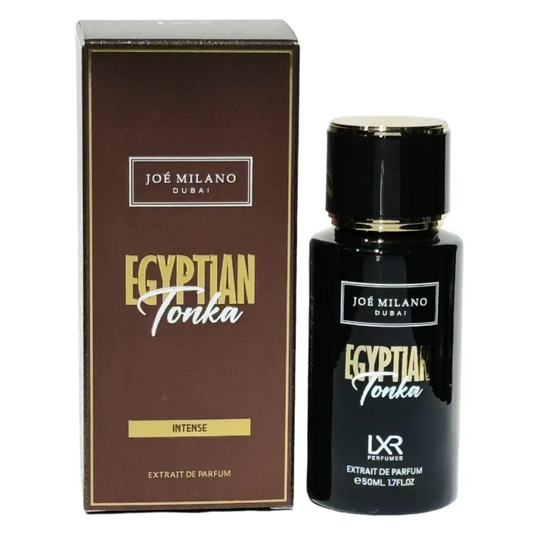 Joé Milano Egyptian Tonka perfume bottle and packaging on a white background