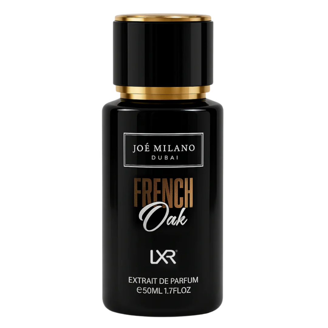 Joé Milano Dubai French Oak LXR perfume bottle on a white background
