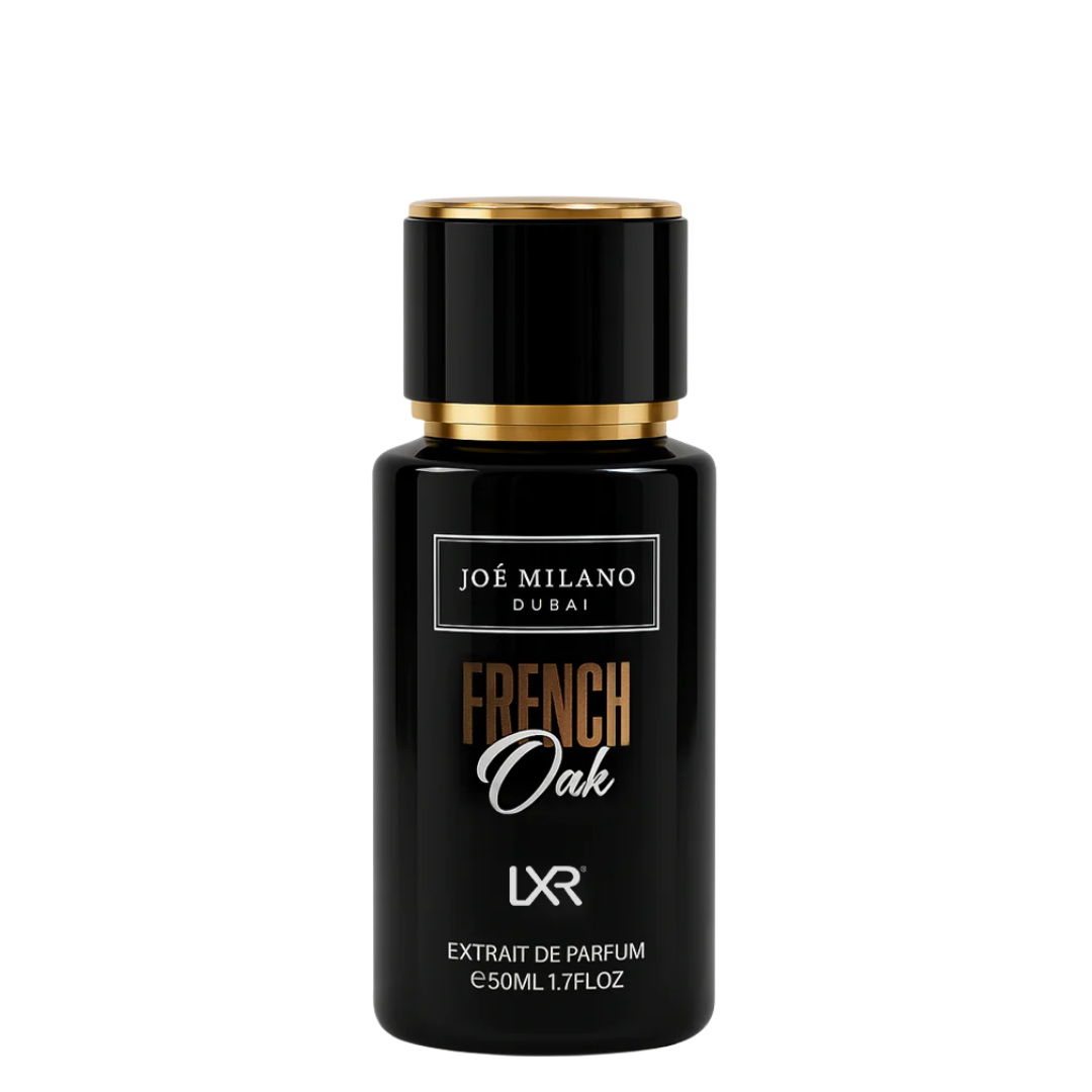 Joé Milano Dubai French Oak LXR perfume bottle on a white background