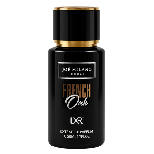 Joé Milano Dubai French Oak LXR perfume bottle on a white background