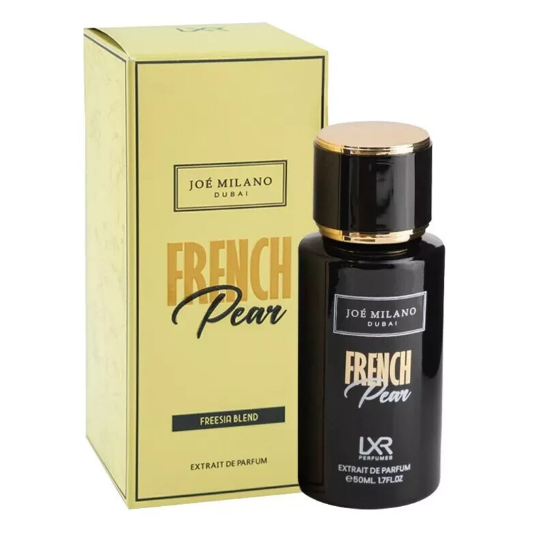 Joé Milano French Pear perfume bottle and packaging on a white background
