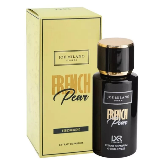 Joé Milano French Pear perfume bottle and packaging on a white background