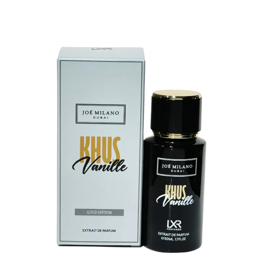Joé Milano Khus Vanille perfume bottle and packaging on a white background