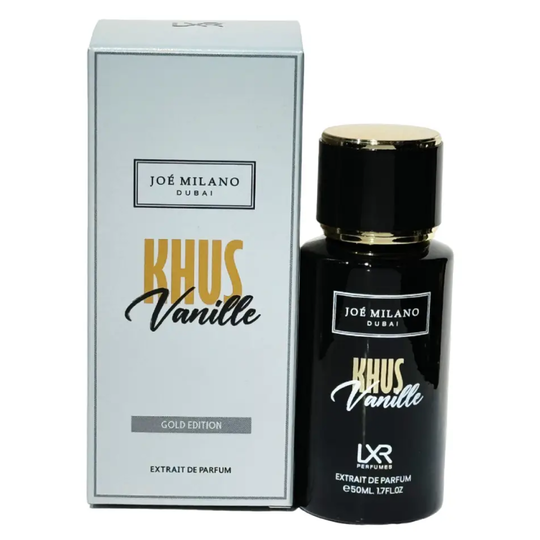 Joé Milano Khus Vanille perfume bottle and packaging on a white background