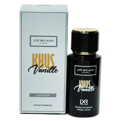 Joé Milano Khus Vanille perfume bottle and packaging on a white background