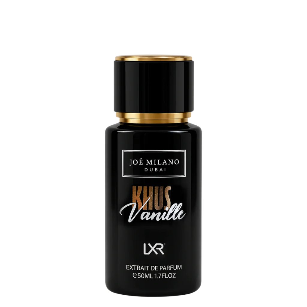 Black perfume bottle with gold cap labeled 'Joé Milano Dubai' on a white background. Joe Milano Dubai - Khus Vanille by LXR Unisex Perfume