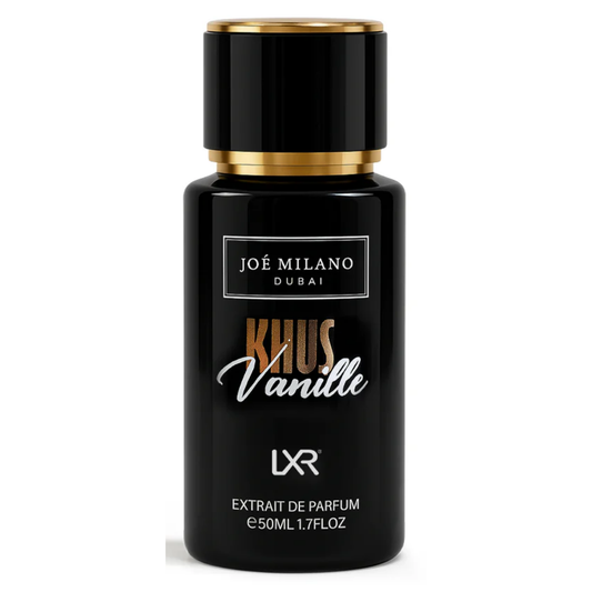 Black perfume bottle with gold cap labeled 'Joé Milano Dubai' on a white background. Joe Milano Dubai - Khus Vanille by LXR Unisex Perfume