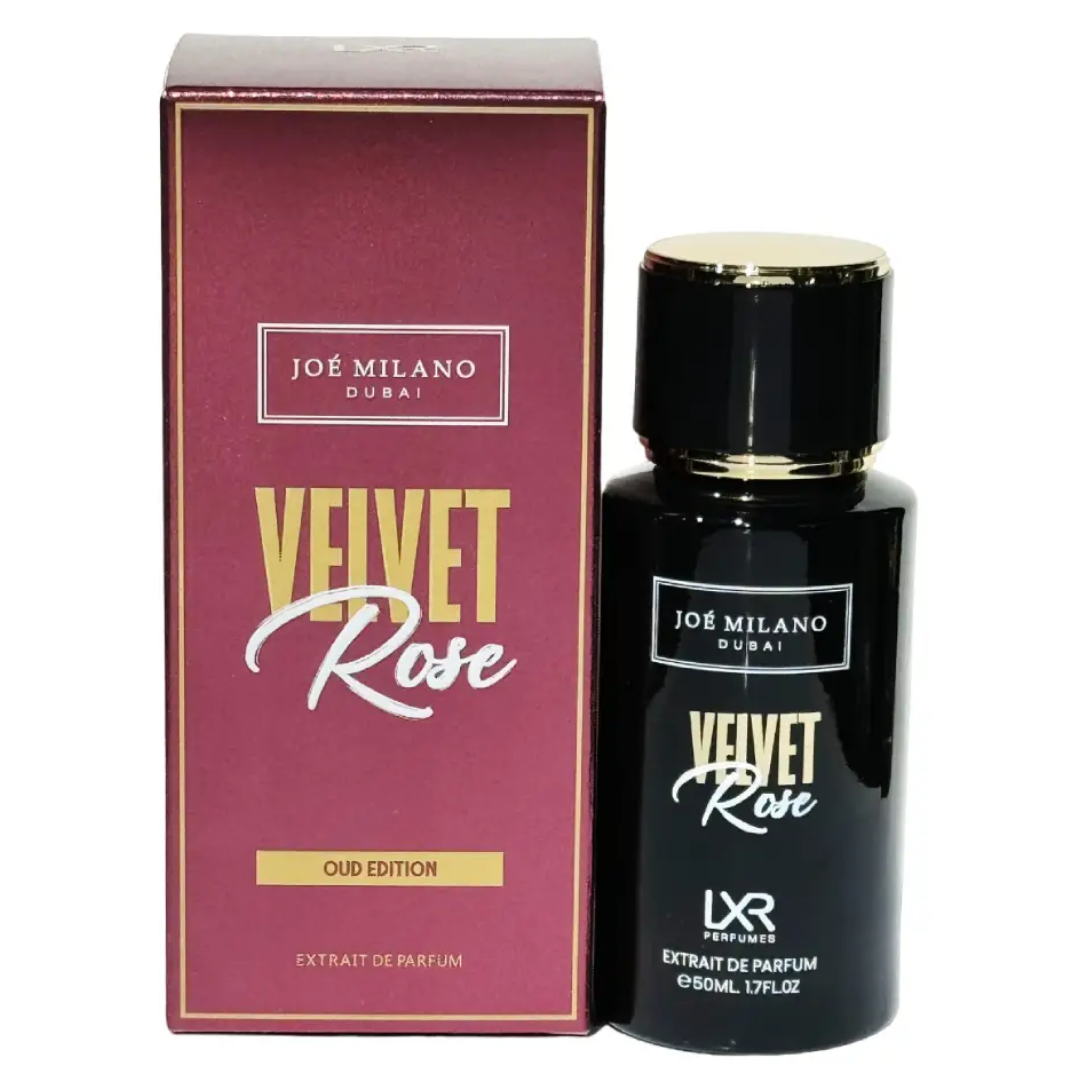 Joé Milano Velvet Rose perfume bottle and packaging on a white background