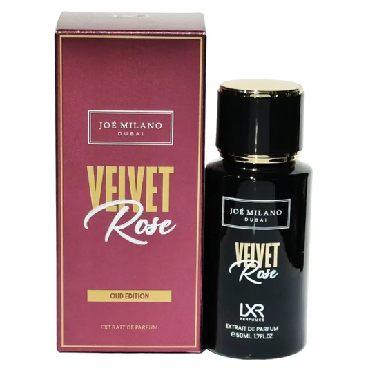 Joé Milano Velvet Rose perfume bottle and packaging on a white background