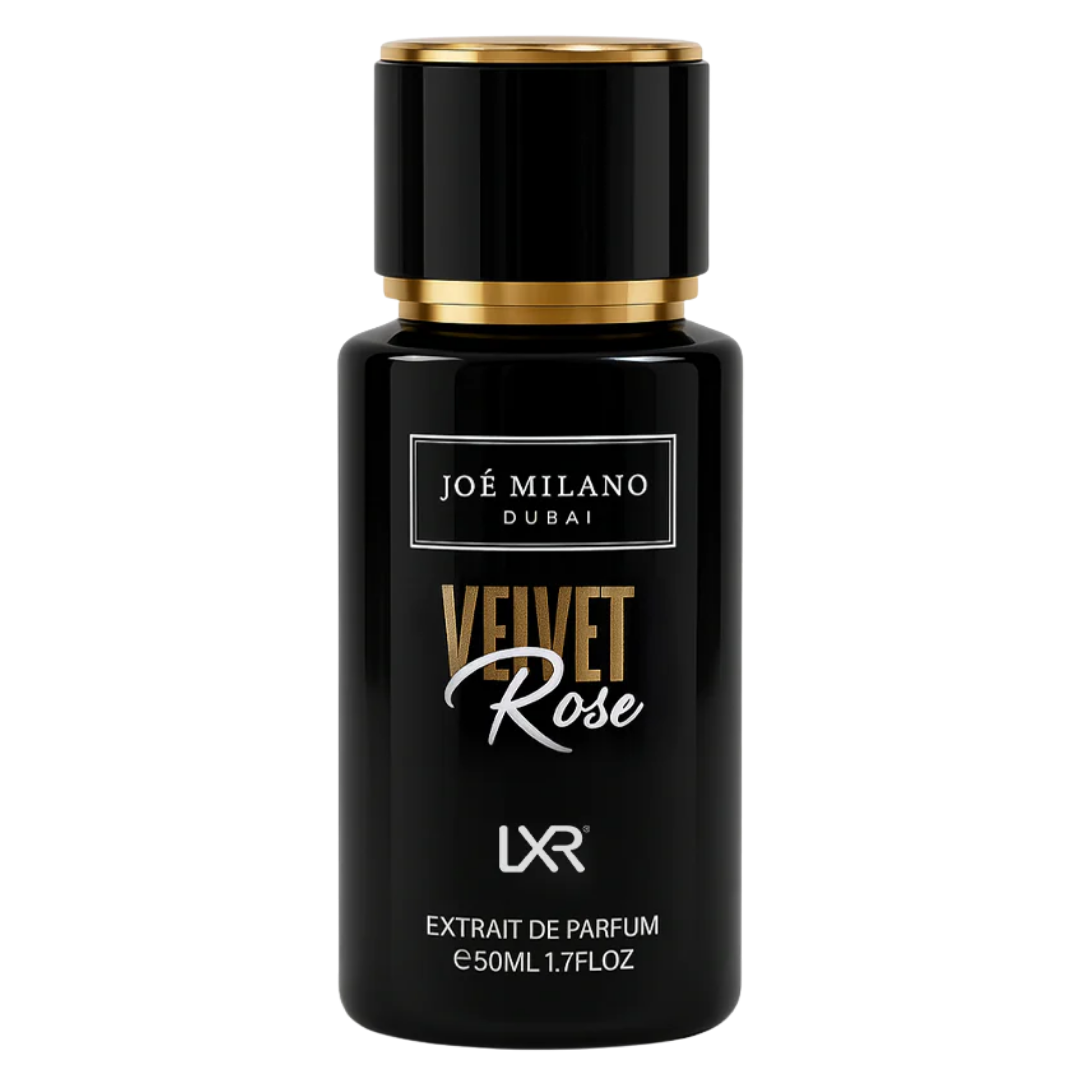 Joé Milano Dubai Velvet Rose perfume bottle on a white background