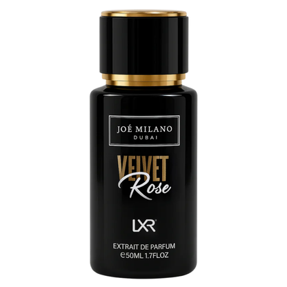 Joé Milano Dubai Velvet Rose perfume bottle on a white background