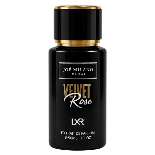 Joé Milano Dubai Velvet Rose perfume bottle on a white background
