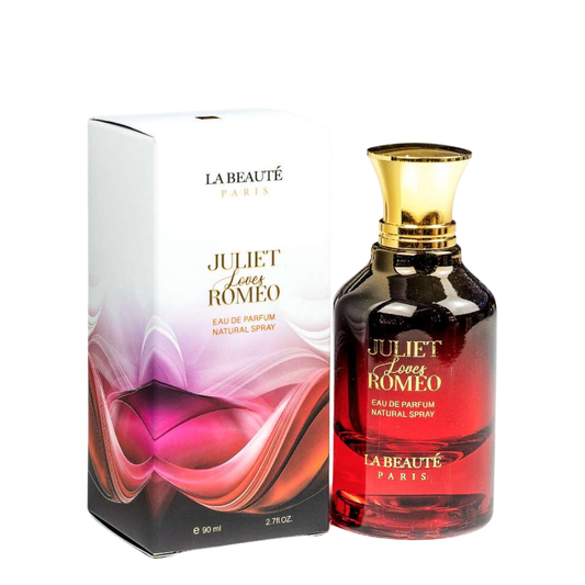 Perfume bottle and packaging of 'Juliet Loves Romeo' by La Beaute Paris on a white background