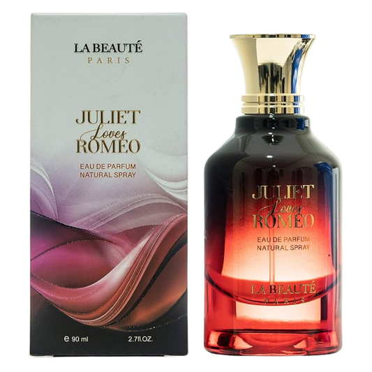Perfume bottle and packaging of 'Juliet Loves Romeo' by La Beaute Paris on a white background