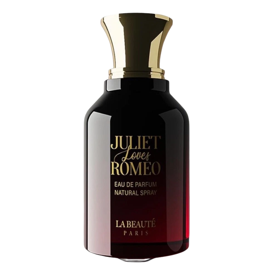 Perfume bottle with gold cap and 'Juliet Loves Romeo' text on a white background