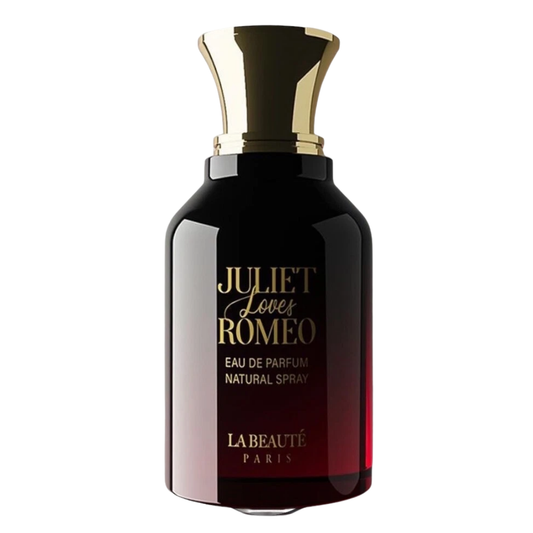 Perfume bottle with gold cap and 'Juliet Loves Romeo' text on a white background