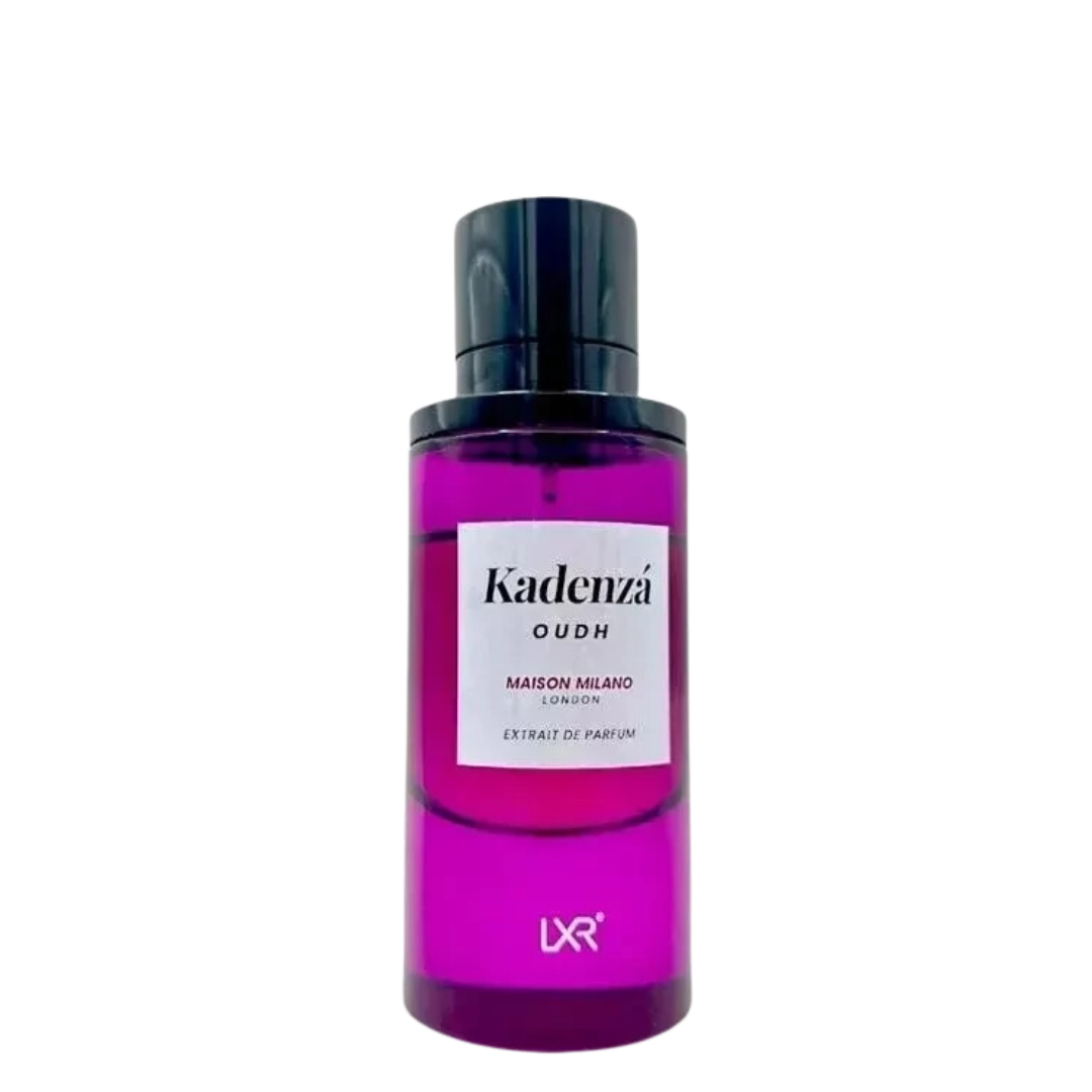 Perfume bottle labeled 'Kadenza Oudh' by Maison Milano on a white background. Kadenza Oud Perfume by LXR 100ml.