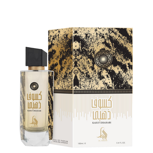 Perfume bottle and packaging with intricate design and branding on a white background. Kasuf Dahabi by Al Absar Womens Perfume