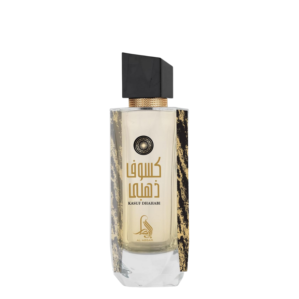 Perfume bottle with decorative label on a white background. Kasuf Dahabi by Al Absar Womens Perfume