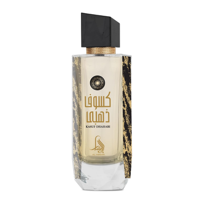 Perfume bottle with decorative label on a white background. Kasuf Dahabi by Al Absar Womens Perfume