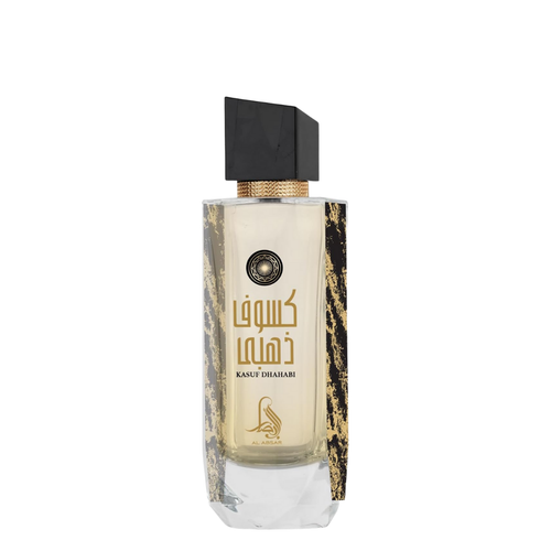Perfume bottle with decorative label on a white background. Kasuf Dahabi by Al Absar Womens Perfume