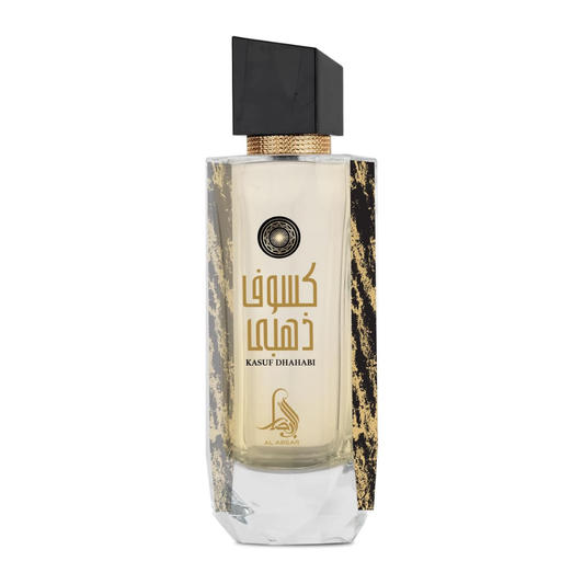 Perfume bottle with decorative label on a white background. Kasuf Dahabi by Al Absar Womens Perfume
